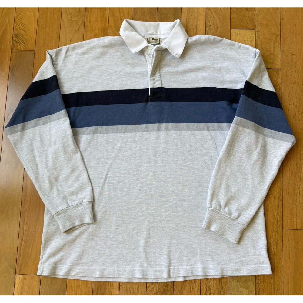 Vtg LL Bean Rugby Shirt Mens‎ XL Gray Blue Striped Long Sleeve Thick Cotton USA